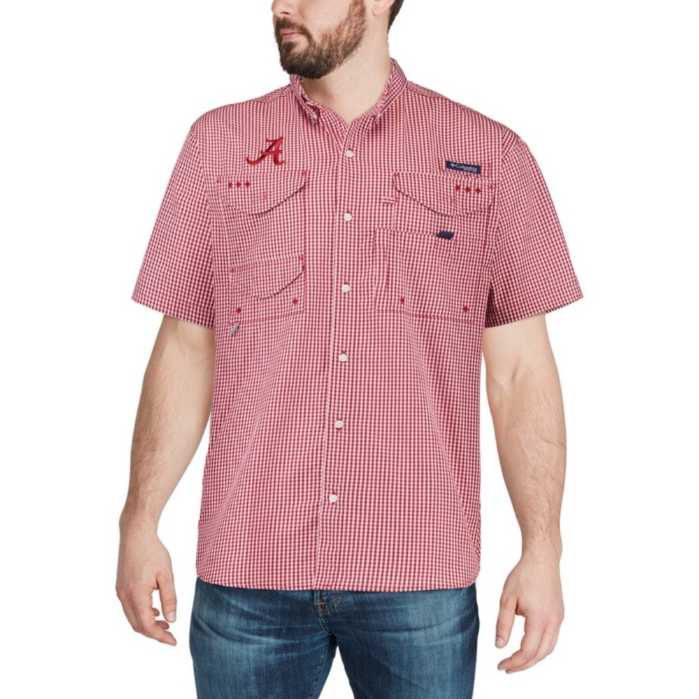 Columbia Super Bonehead Alabama Crimson Tide Red‎ White Plaid Shirt Large